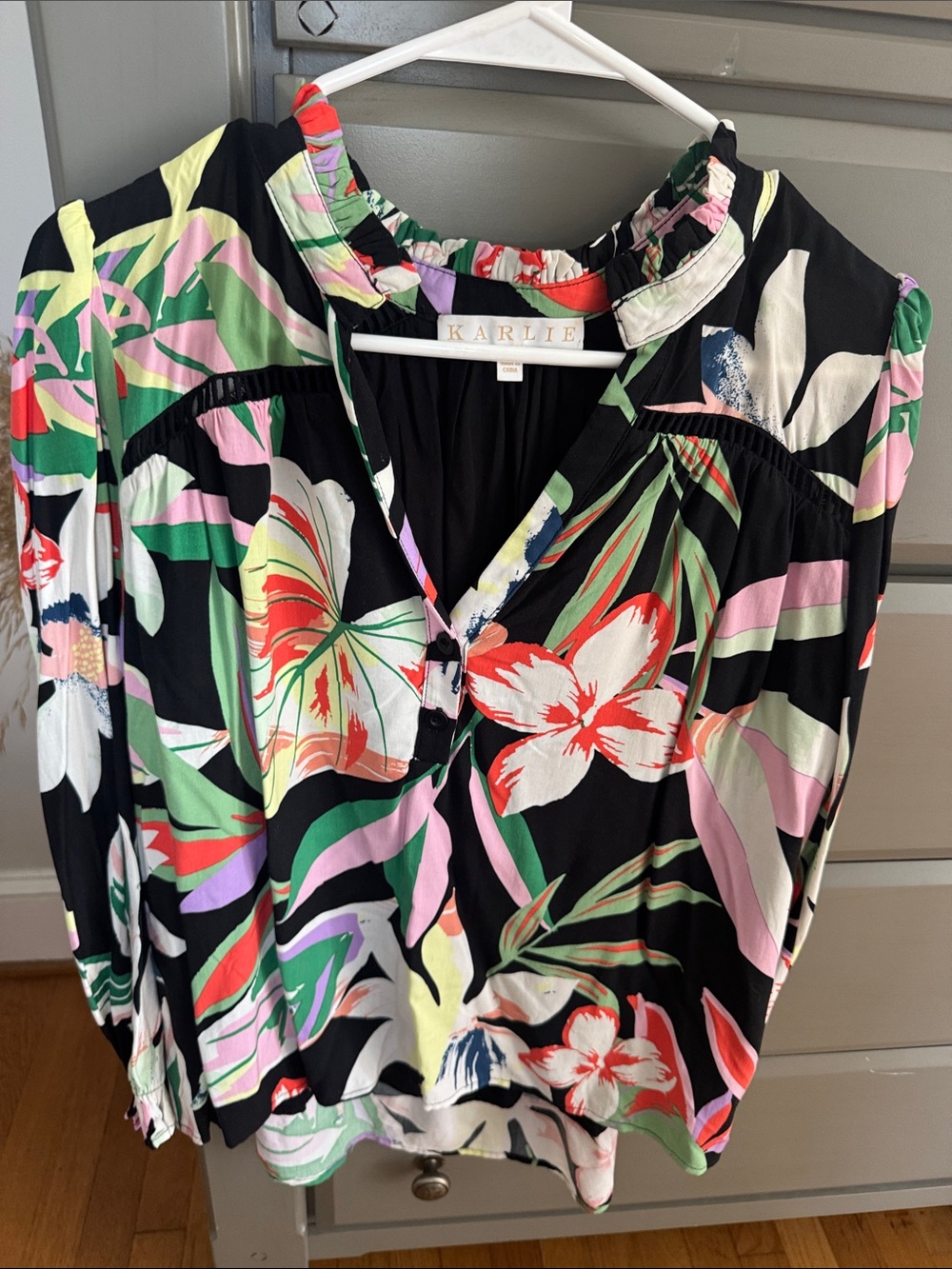 Karlie Black Tropical Floral V-Neck Blouse
